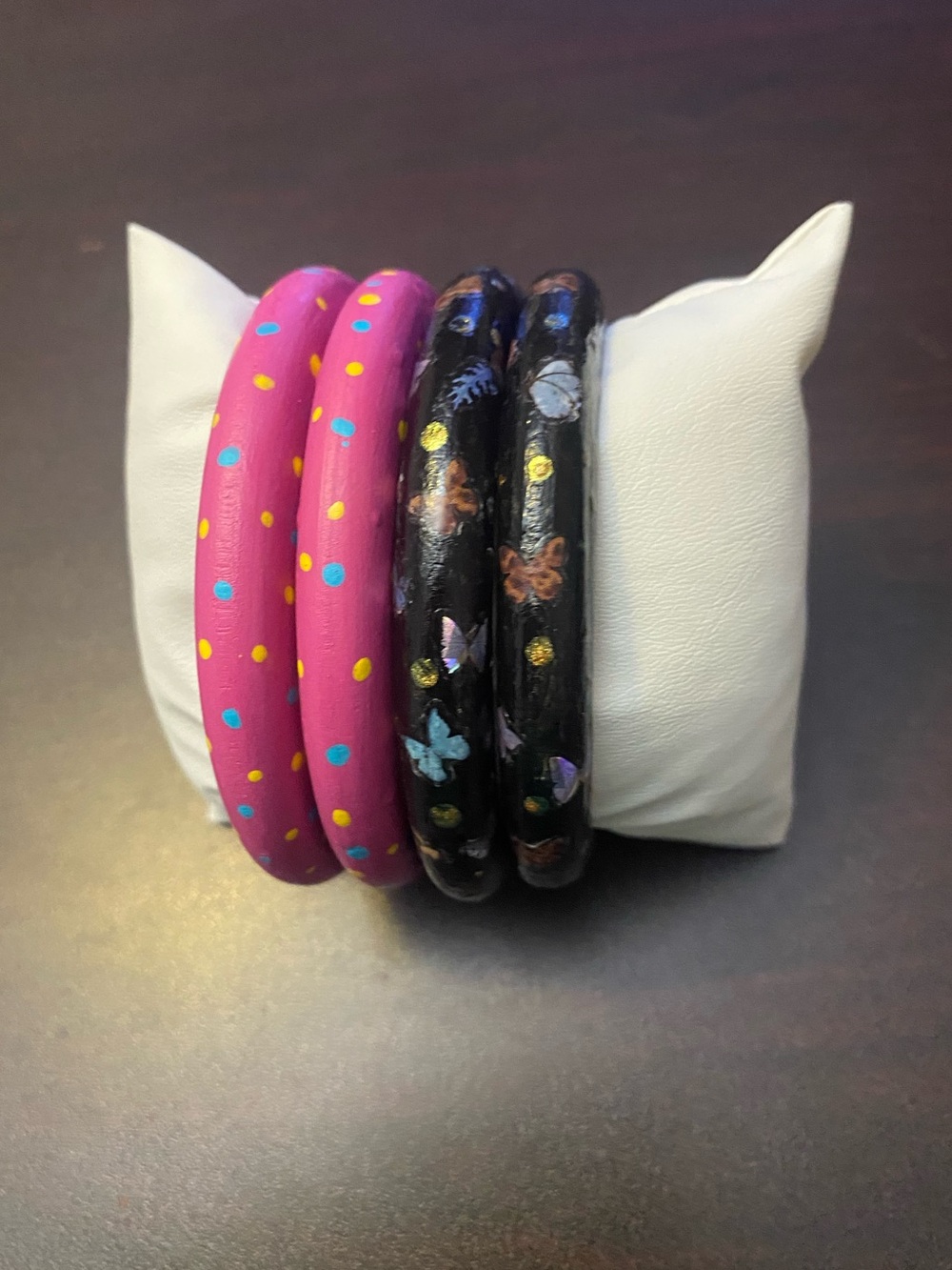 Hand-Painted Pink and Black Bangle Bracelet Set with Polka Dots & Butterflies